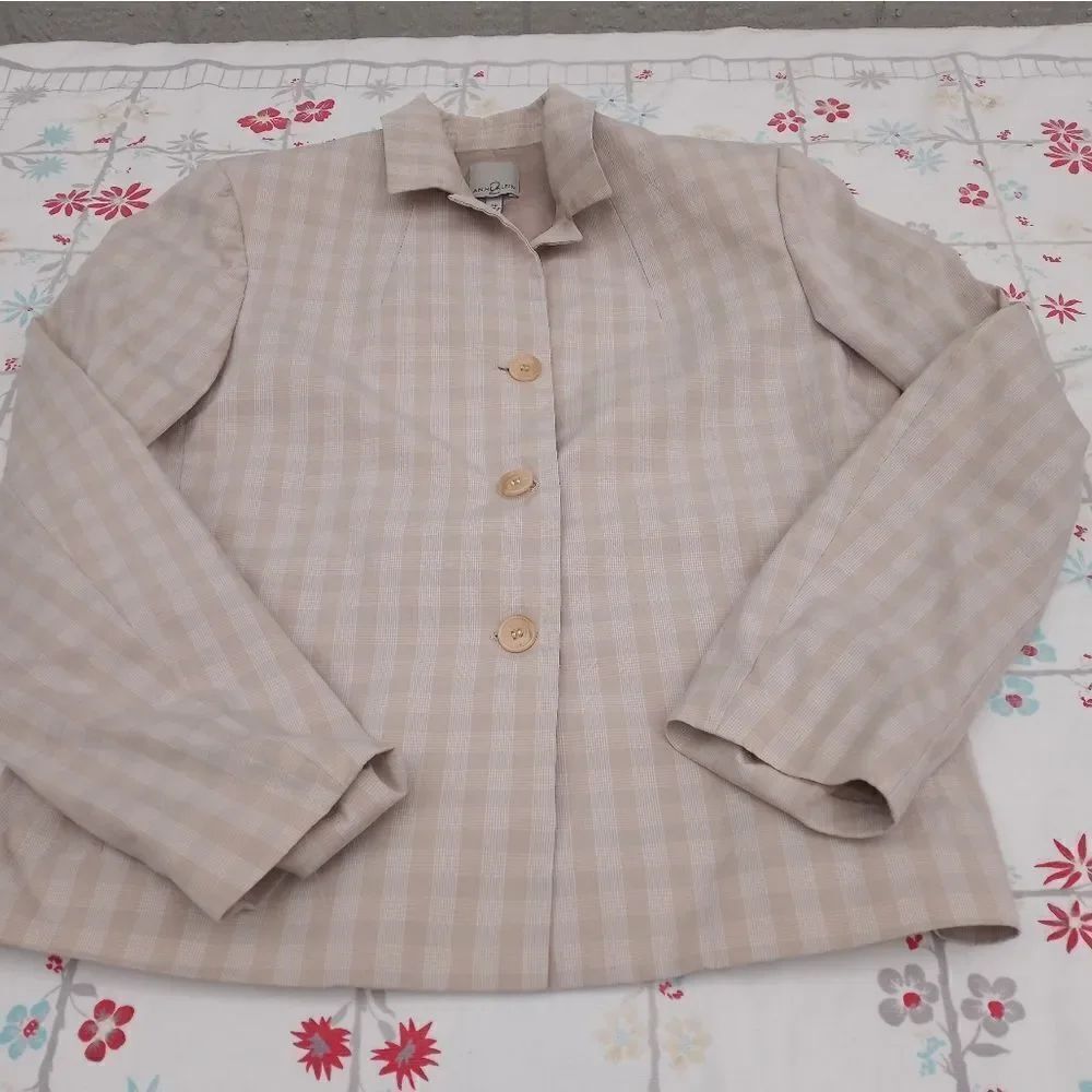 Anne Klein 10 Cream Plaid Lined Lngslvs Cotton Blend 3 Buttons Women's Blazer